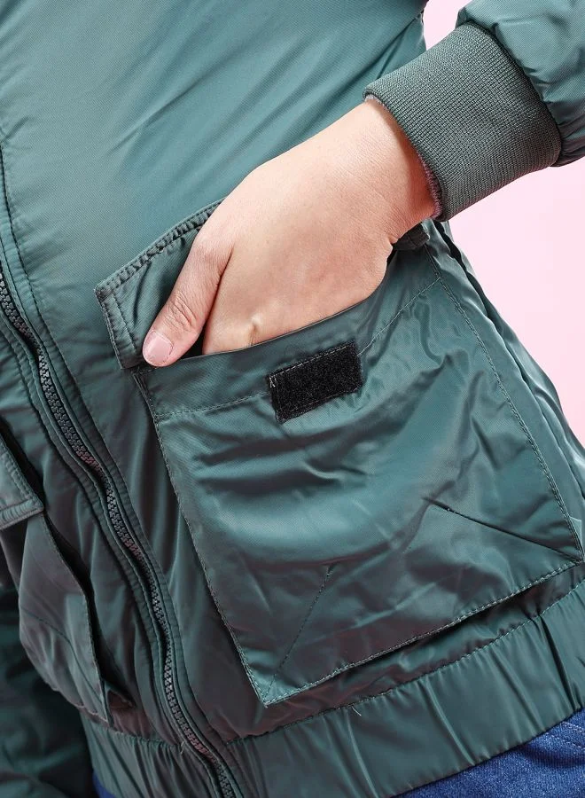 Freehand Women Regular Fit Solid Crop Cargo Puffer Jacket