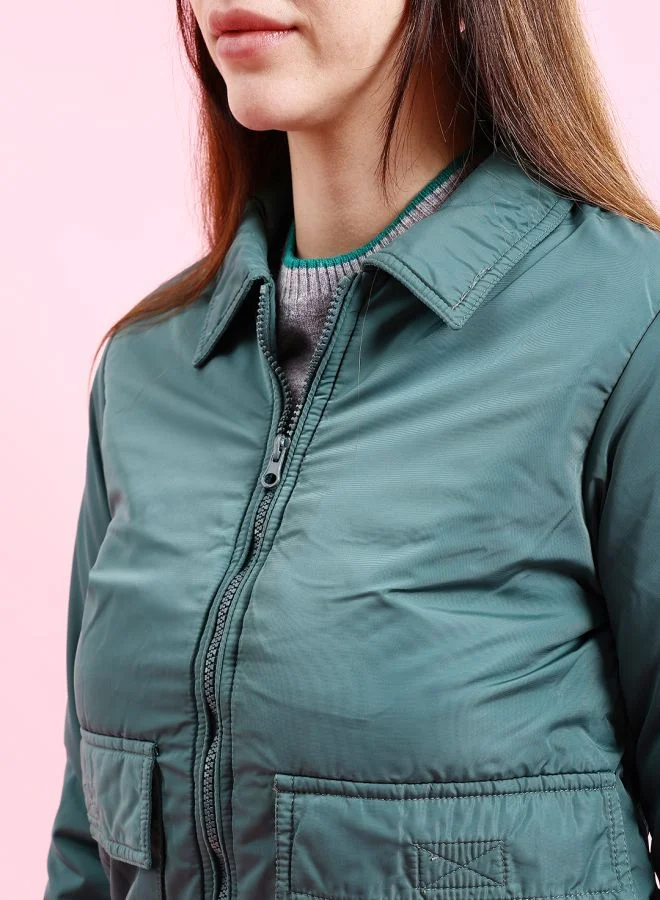 Freehand Women Regular Fit Solid Crop Cargo Puffer Jacket