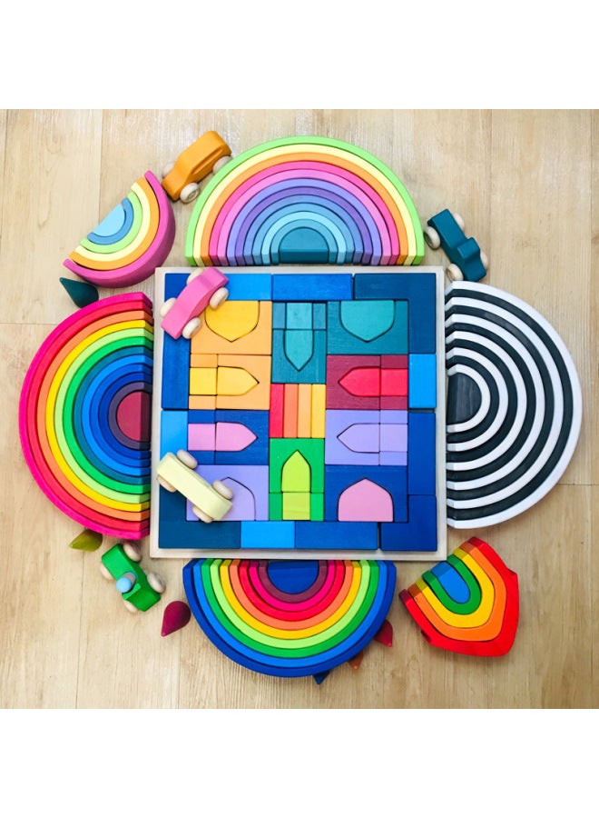Wooden Large Rainbow Building Blocks 12 Color Pieces Arch Bridge-Shaped Semi-Circle Children's German Early Education Stacked Music Quality Curved Board Toy-Color:Roman Building Blocks Basswood-Zheyi-Specifications:9.5*18.5*6.5 - Image 2