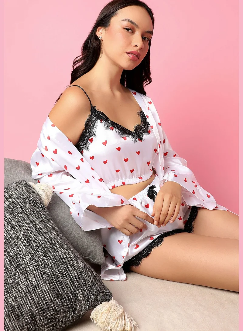 Haute Sauce Polka Dots Crop Top, Short and Coat Satin Night Wear Set For Women