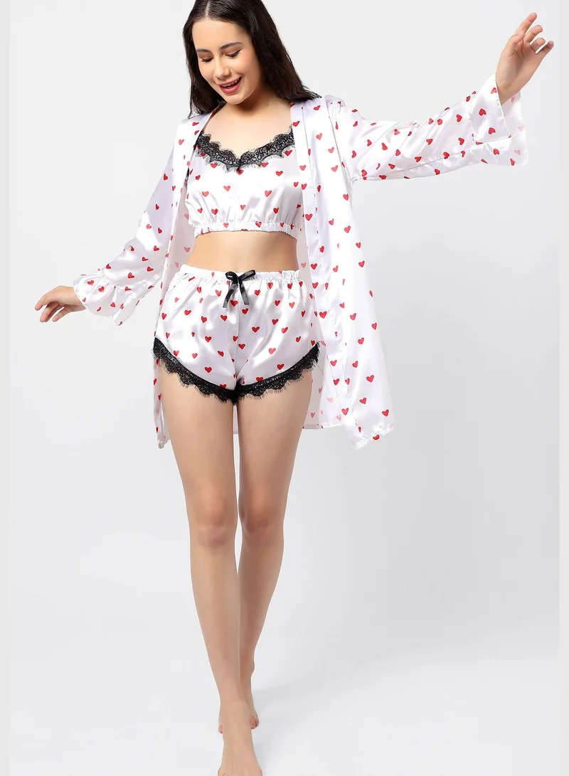 Haute Sauce Polka Dots Crop Top, Short and Coat Satin Night Wear Set For Women