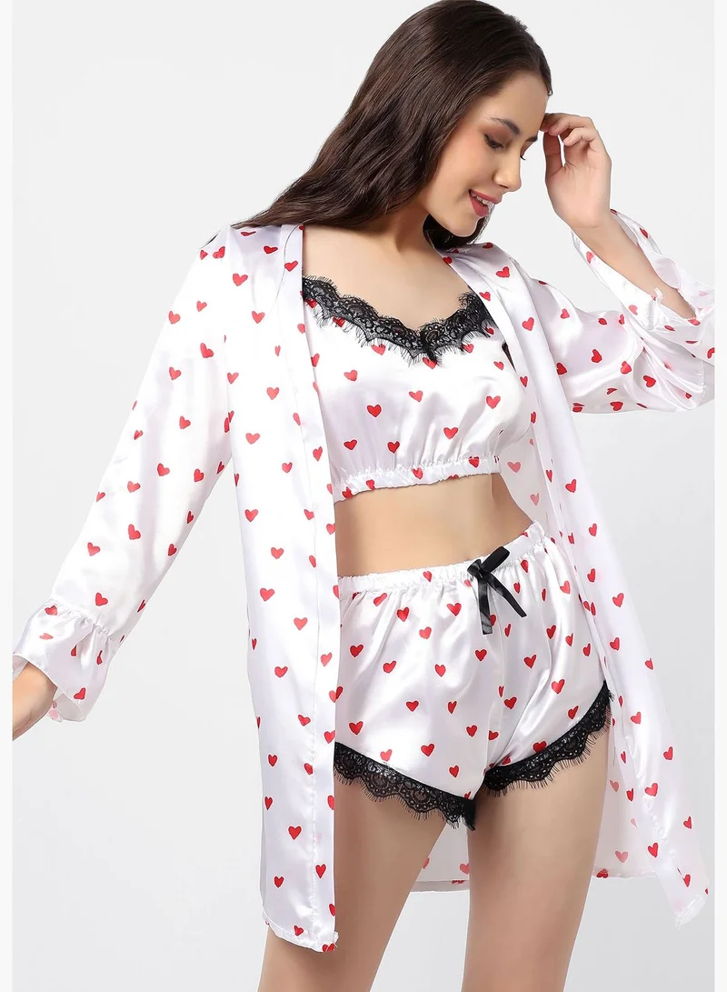Haute Sauce Polka Dots Crop Top, Short and Coat Satin Night Wear Set For Women