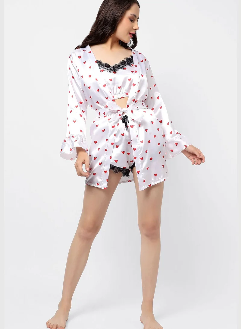 Haute Sauce Polka Dots Crop Top, Short and Coat Satin Night Wear Set For Women