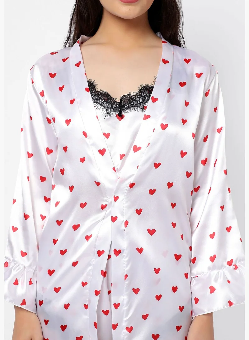 Haute Sauce Polka Dots Crop Top, Short and Coat Satin Night Wear Set For Women