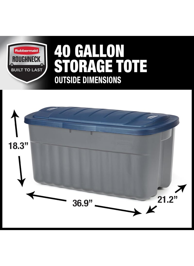 Rubbermaid Rubbermaid Roughneck 40 Gallon Storage Totes Pack of 2 Durable Stackable Storage Containers with Hinged Lids Nestable Plastic Storage Bins for Tools Toy Storage Grey and Dark Indigo Metallic  - Image 2