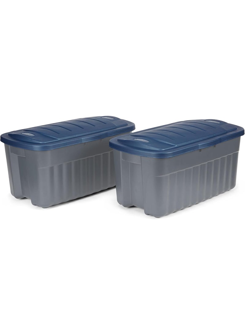 Rubbermaid Rubbermaid Roughneck 40 Gallon Storage Totes Pack of 2 Durable Stackable Storage Containers with Hinged Lids Nestable Plastic Storage Bins for Tools Toy Storage Grey and Dark Indigo Metallic  - Image 1