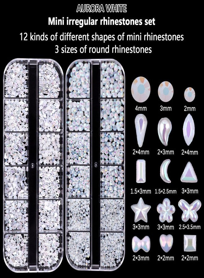 Snmzlc 2 Boxes mini Nail Art Rhinestones Multi Shape Nail gem Design Charm 3D Star Heart Water Drop Butterfly Moon Square Diamond Aurora White Mix DIY Acrylic Nail kit US271 (Aurora White) - Image 2