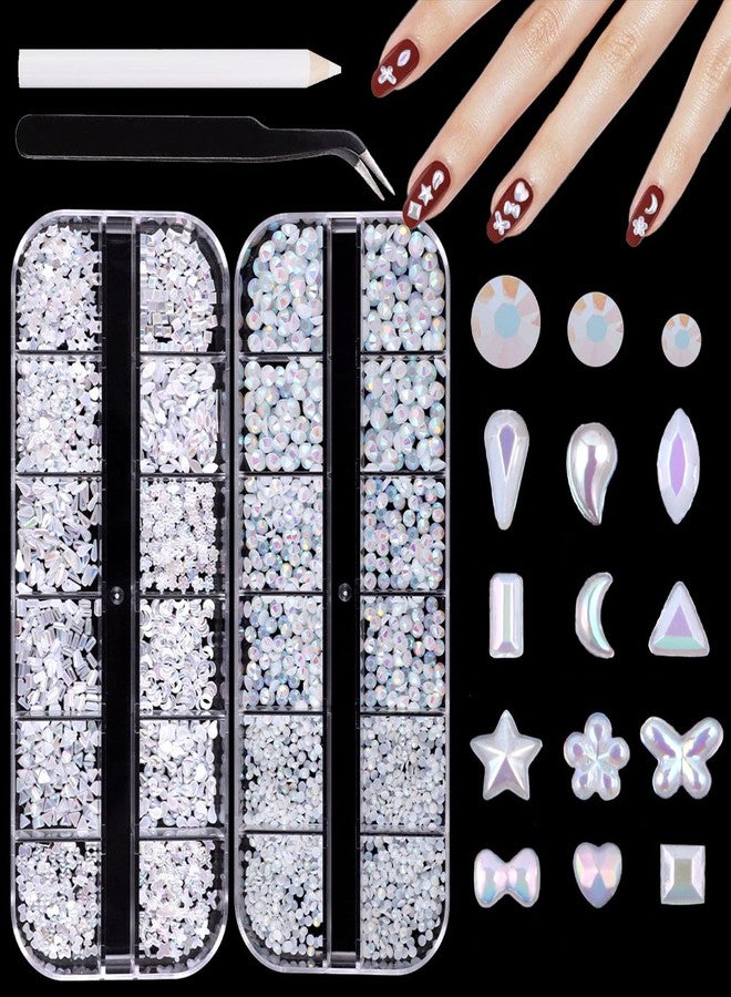 Snmzlc 2 Boxes mini Nail Art Rhinestones Multi Shape Nail gem Design Charm 3D Star Heart Water Drop Butterfly Moon Square Diamond Aurora White Mix DIY Acrylic Nail kit US271 (Aurora White) - Image 1