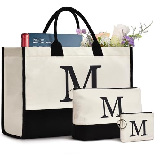 GASSDA Initial Canvas Tote Bag, Birthday Gifts For Women, Monogram Personalized Gifts For Women Mom Teachers Bridesmaids (M 3PCS) - Image 1