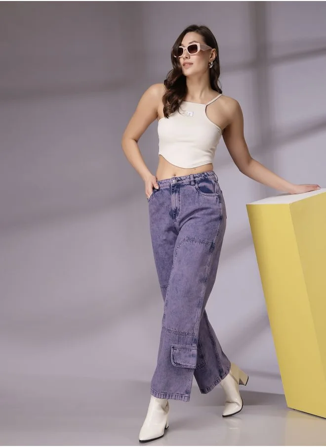 Freehand Women Relaxed Fit Solid High-Rise Denim Cargos
