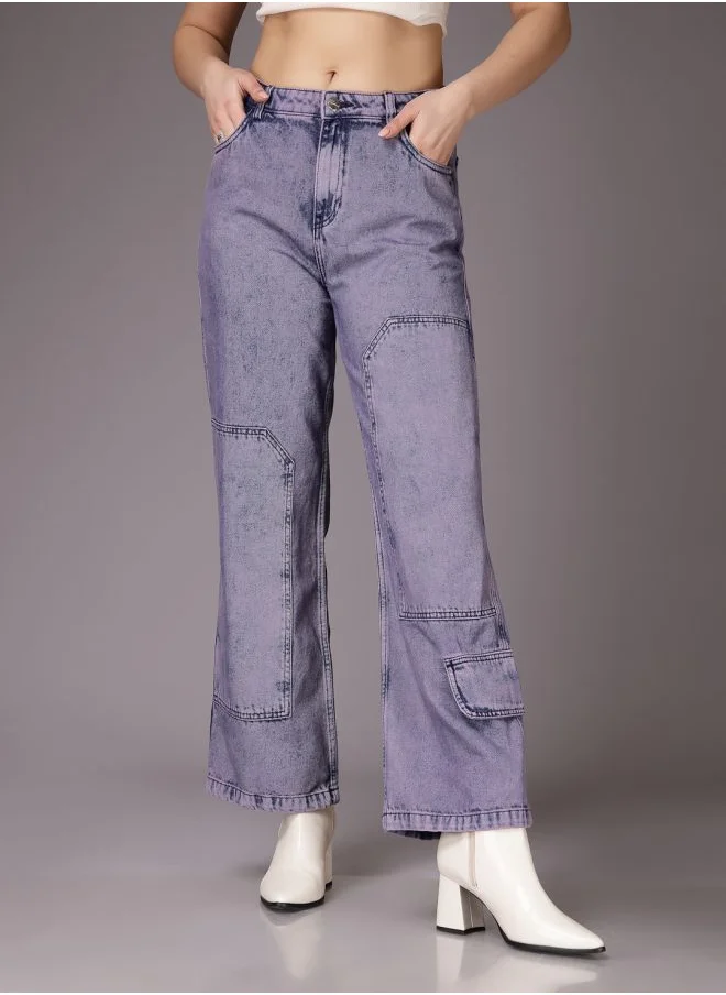 Freehand Women Relaxed Fit Solid High-Rise Denim Cargos