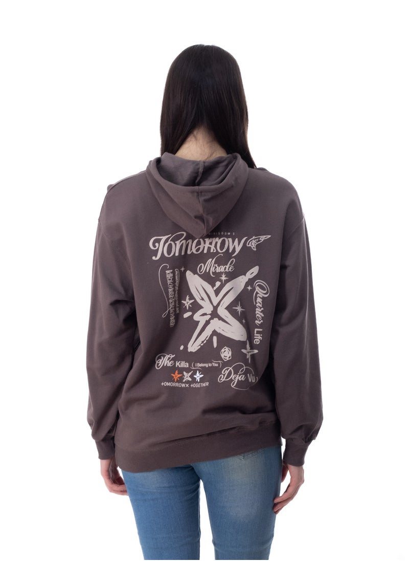 BEBO - Women's long-sleeved printed T-shirt, free size with hoodie, fits weight from 60 to 85 kg approximately - Image 1