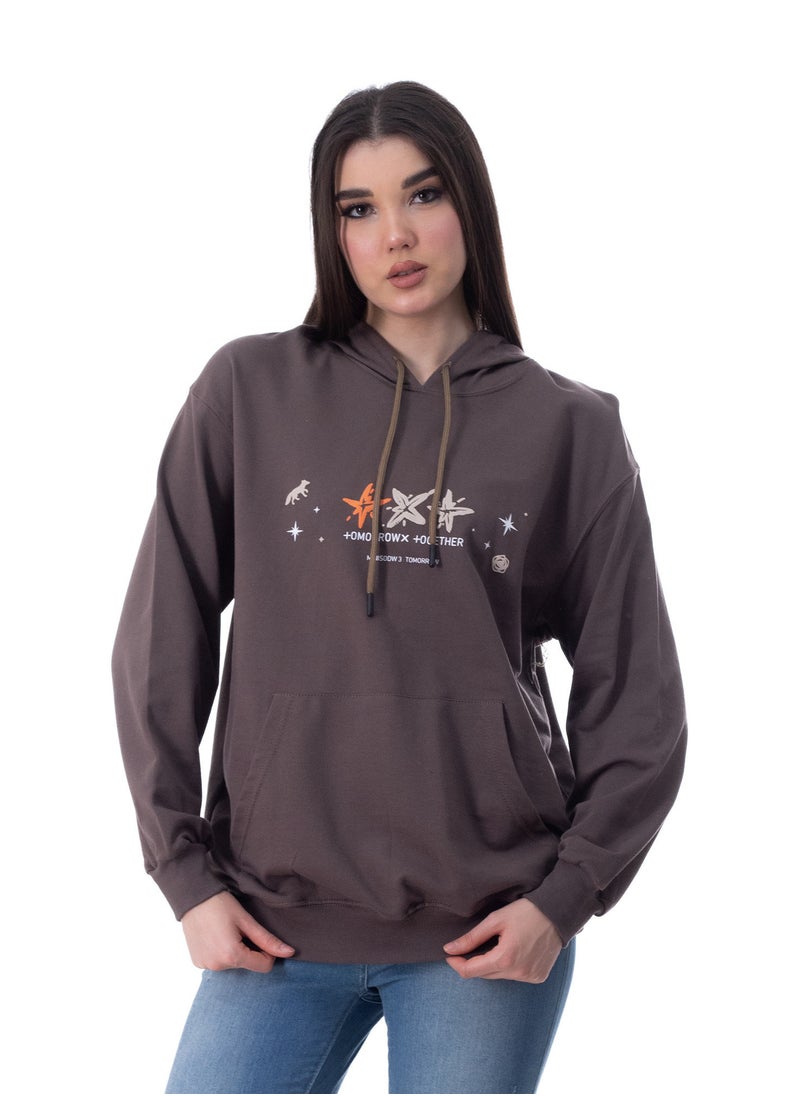 BEBO - Women's long-sleeved printed T-shirt, free size with hoodie, fits weight from 60 to 85 kg approximately - Image 1