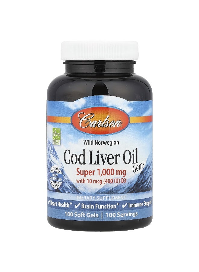 Carlson Carlson, Wild Norwegian, Cod Liver Oil Gems, 1,000 mg, 100 Soft Gels  - Image 1