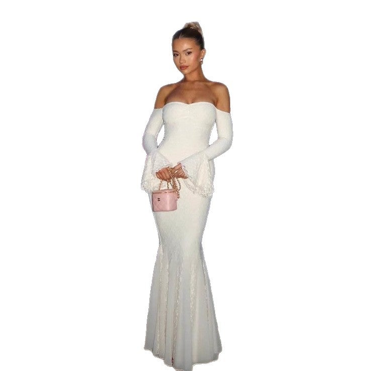 Women's Fashion Off-Shoulder Lace Mermaid Dress with Flared Sleeves - Image 5