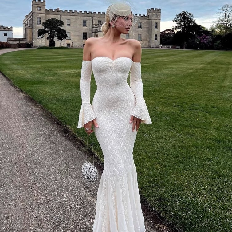 Women's Fashion Off-Shoulder Lace Mermaid Dress with Flared Sleeves - Image 1