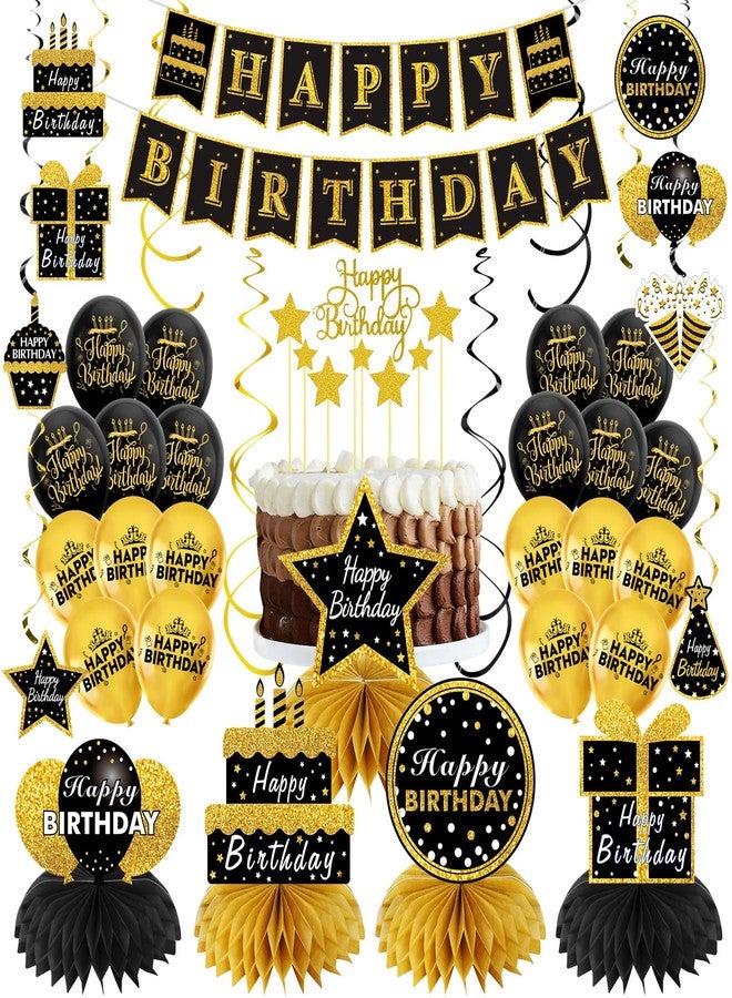 Turypaty Black Gold Happy Birthday Decorations Kit for Men Women, 42Pcs Birthday Party Supplies - Banner, balloons, Honeycombs, Centerpieces, Hanging Swirls, Cake Toppers, Bday Ceiling Table Topper - Image 1