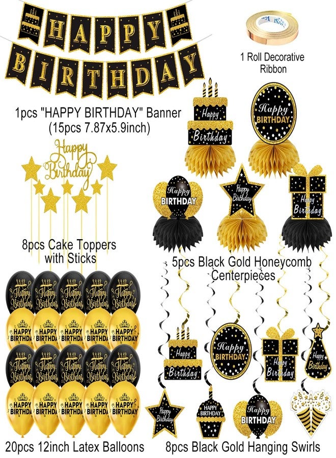 Turypaty Black Gold Happy Birthday Decorations Kit for Men Women, 42Pcs Birthday Party Supplies - Banner, balloons, Honeycombs, Centerpieces, Hanging Swirls, Cake Toppers, Bday Ceiling Table Topper - Image 2