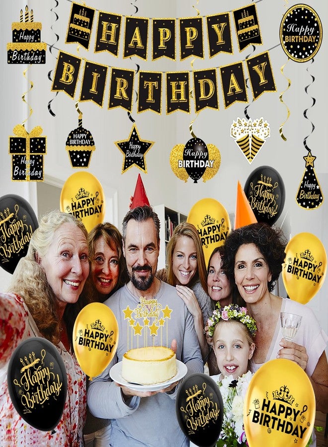 Turypaty Black Gold Happy Birthday Decorations Kit for Men Women, 42Pcs Birthday Party Supplies - Banner, balloons, Honeycombs, Centerpieces, Hanging Swirls, Cake Toppers, Bday Ceiling Table Topper - Image 5