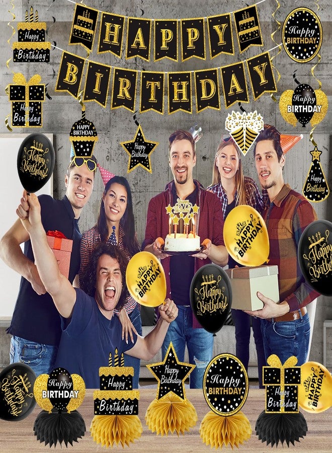 Turypaty Black Gold Happy Birthday Decorations Kit for Men Women, 42Pcs Birthday Party Supplies - Banner, balloons, Honeycombs, Centerpieces, Hanging Swirls, Cake Toppers, Bday Ceiling Table Topper - Image 4