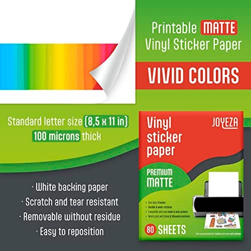 JOYEZA Premium Printable Vinyl Sticker Paper for Inkjet Printer - 80 Sheets Matte White Waterproof, Dries Quickly Vivid Colors, Holds Ink Well- Tear Resistant - Inkjet & Laser Printer - Image 2