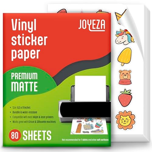 JOYEZA Premium Printable Vinyl Sticker Paper for Inkjet Printer - 80 Sheets Matte White Waterproof, Dries Quickly Vivid Colors, Holds Ink Well- Tear Resistant - Inkjet & Laser Printer - Image 1