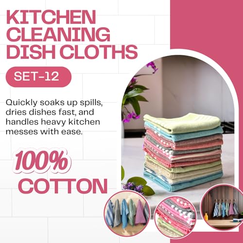 Värde® 12 Pcs Dishcloths | 12x16 Inches | Bulk Cotton Kitchen Cleaning Dish Cloths | Scrubbing Wash Cloth Sets | Multipurpose Cloth | 100% Cotton. (Multicolor, Set of 12) - Image 2