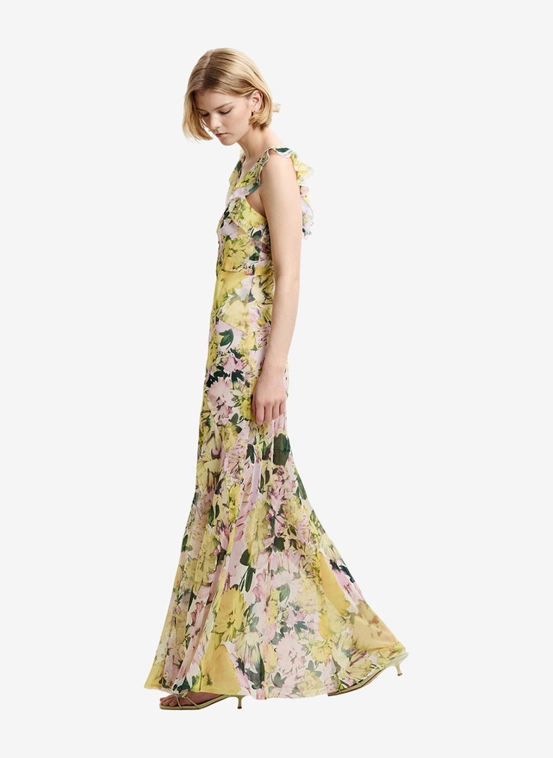 French Connection Women's Yellow Multi Carla Air Chiffon Curved Seam Dress - Image 4