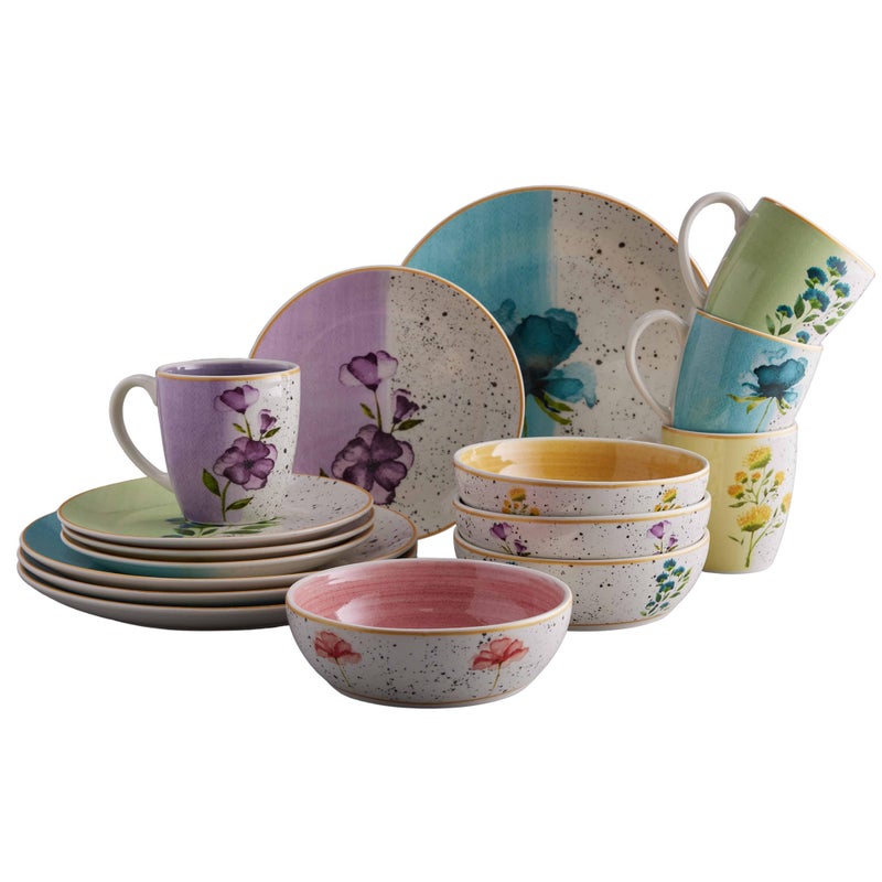 VAJILLAS Corona طقم أدوات مائدة سيراميك مزخرف بتصميم زهور متعدد الألوان مكون من 16 قطعة - أطباق، سلطانيات وأكواب - خدمة لـ 4 أشخاص - أرمانيا