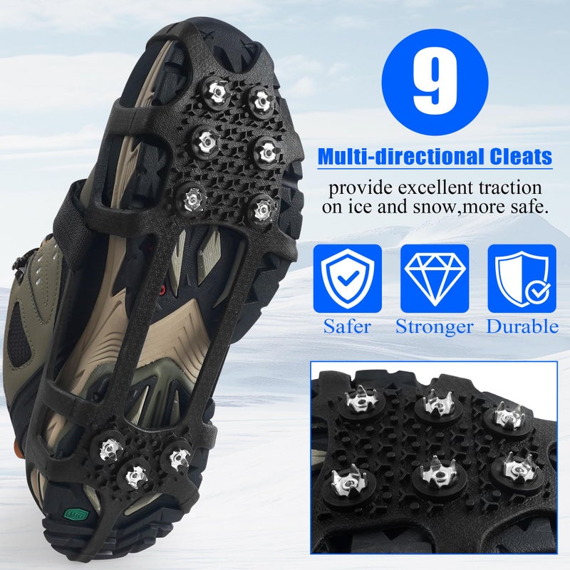 VATEICO Ice Snow Cleats for Shoes and Boots Snow Traction Crampons Ice Gripper for Walking on Snow and Ice 9-Studs Non Slip Ice Cleats Rubber Overshoe Slip-on Stretch Footwear Winter Hiking Climbing XLarge - Image 3