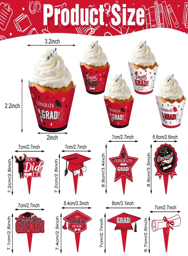 Lincia 96 Pieces 2026 Graduation Cupcake Toppers 2026 Graduation Cupcake Liners Decorations with Picks, Grad Party Supplies Cake Topper and Wrappers(Red) - Image 3