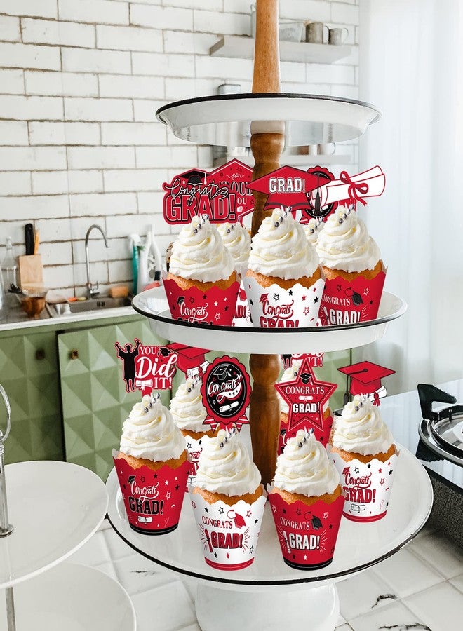 Lincia 96 Pieces 2026 Graduation Cupcake Toppers 2026 Graduation Cupcake Liners Decorations with Picks, Grad Party Supplies Cake Topper and Wrappers(Red) - Image 4