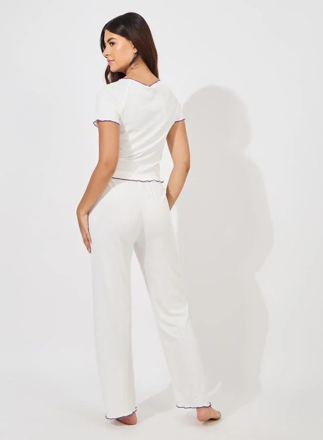 Styli Butterfly Button Front Contrast Lettuce Edge Shirt & Pyjama Set