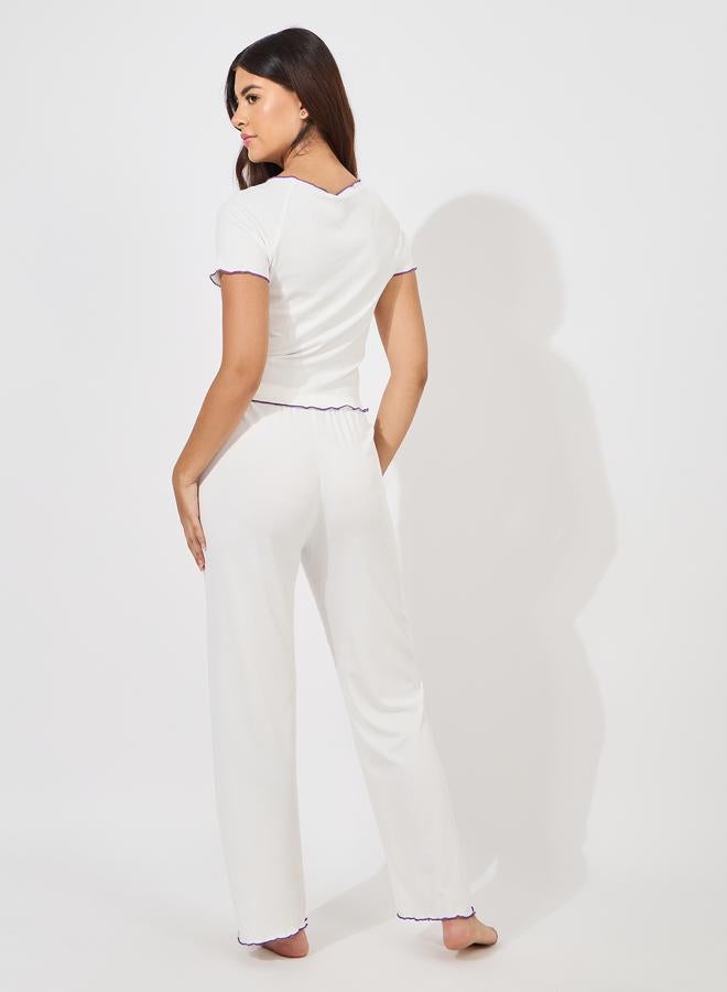 Butterfly Button Front Contrast Lettuce Edge Shirt & Pyjama Set