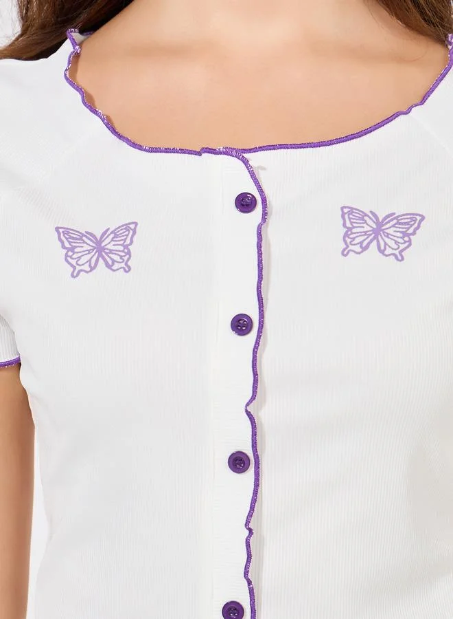 Styli Butterfly Button Front Contrast Lettuce Edge Shirt & Pyjama Set