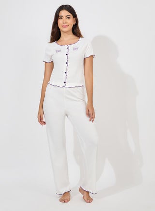 Butterfly Button Front Contrast Lettuce Edge Shirt & Pyjama Set - pzsku/Z52EBC596A89ECA18E11BZ/45/_/1723796166/d31080ab-12dd-4f4f-9122-26a9abaab878