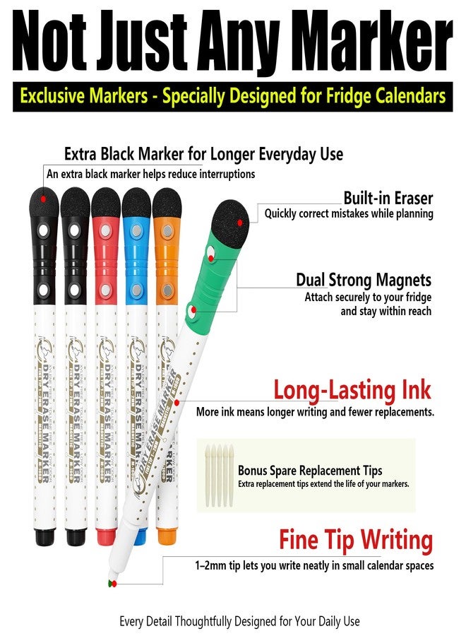 MAG-FANCY Magnetic Dry Erase Calendar Set for Fridge, 3-Piece Vertical Planning Board Kit with Monthly Calendar, Weekly Planner and Notepad, Includes 6 Fine Tip Markers & Eraser - Image 5