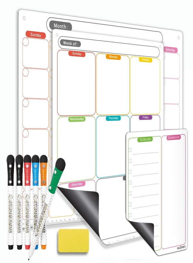 MAG-FANCY Magnetic Dry Erase Calendar Set for Fridge, 3-Piece Vertical Planning Board Kit with Monthly Calendar, Weekly Planner and Notepad, Includes 6 Fine Tip Markers & Eraser - Image 1