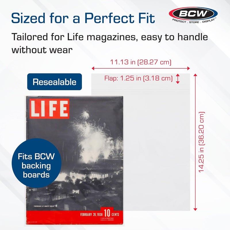 BCW Resealable Life Magazine Bags - 100 Pack | Crystal Clear Polypropylene | Archival Quality |Store Collectible Life Magazines | Exterior 11 1/8 x 14 1/4 - Image 3