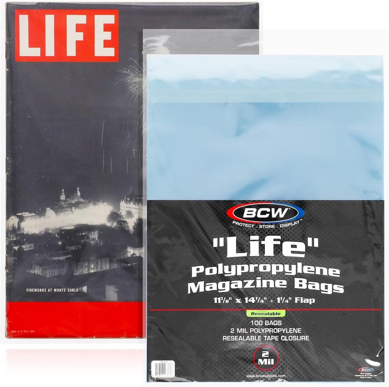 BCW Resealable Life Magazine Bags - 100 Pack | Crystal Clear Polypropylene | Archival Quality |Store Collectible Life Magazines | Exterior 11 1/8 x 14 1/4 - Image 1