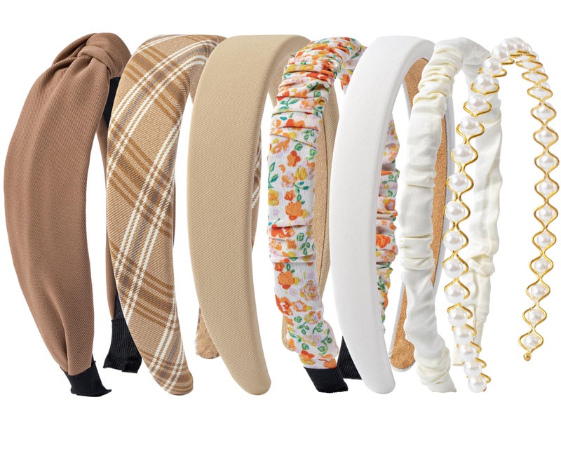 Sunolga 7 Pack Brown Headbands for Women Girls Non Slip Floral Padded Hairbands Cute Pearl Head bands Wide Headbands Trendy Hair Accessories - Image 1