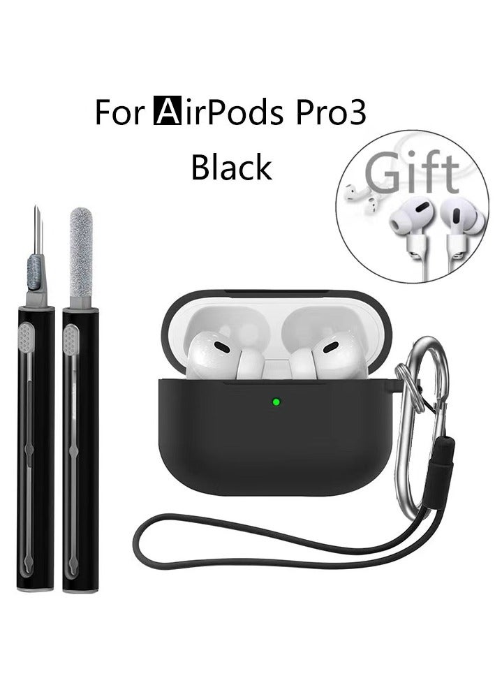 Silicone Protective Case Cover for AirPods Pro 3 with Cleaner Kit, Keychain for Women Men,Suitable for 3nd Generation Case Gift Sports lanyard（Black） - Image 1