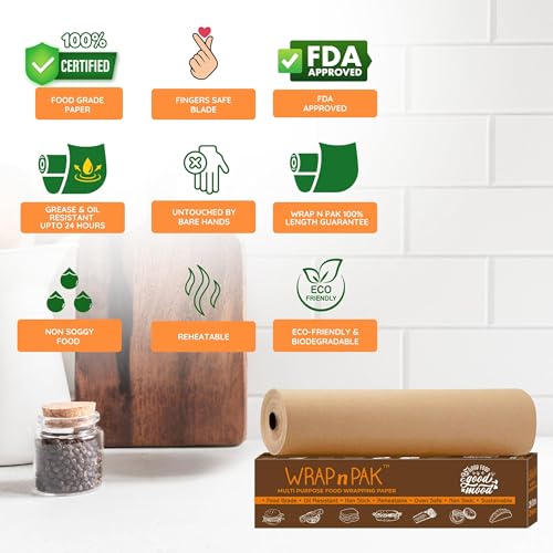 WRAP n PAK Food Wrapping Paper Roll (11 Inch x 25 Meter, Plain Brown, Pack of 1) Food Grade, Lab Tested | Oil Resistant, Non-Soggy Parchment Paper | Ideal for Roti, Chapati, Burger, Pizza - Image 4