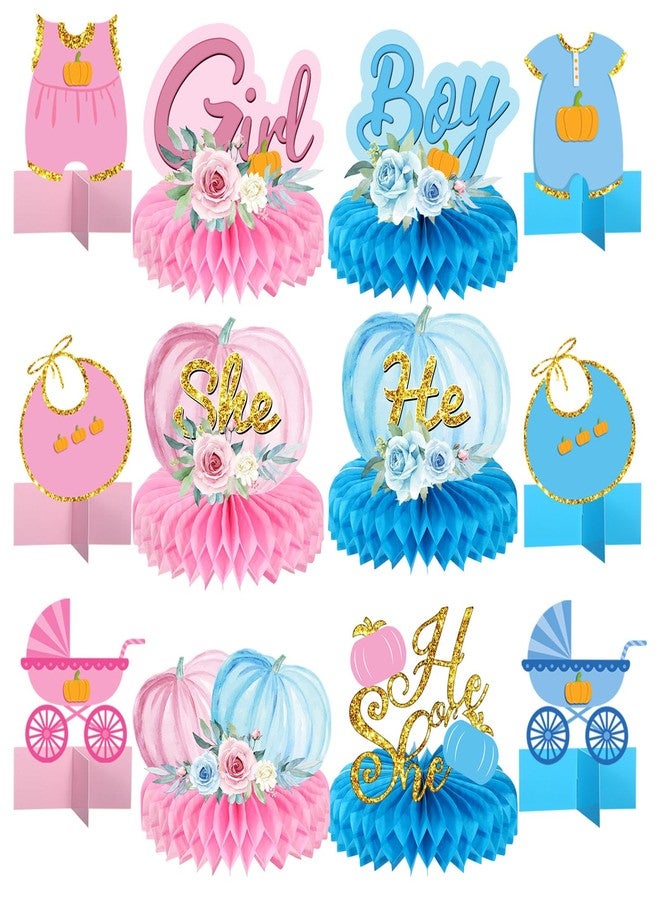 Zhanmai 12 Pcs Fall Thanksgiving Gender Reveal Decorations Pumpkin 3D Honeycomb Centerpieces He or She Table Decorations for Boy or Girl Gender Reveal Party Decor Baby Shower Supplies Pink and Blue - Image 1