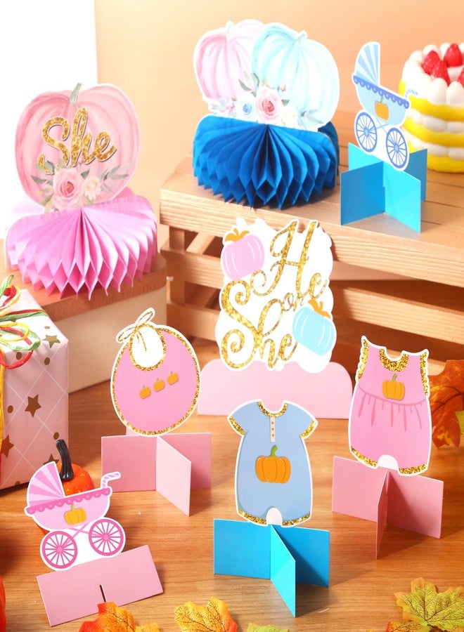 Zhanmai 12 Pcs Fall Thanksgiving Gender Reveal Decorations Pumpkin 3D Honeycomb Centerpieces He or She Table Decorations for Boy or Girl Gender Reveal Party Decor Baby Shower Supplies Pink and Blue - Image 5