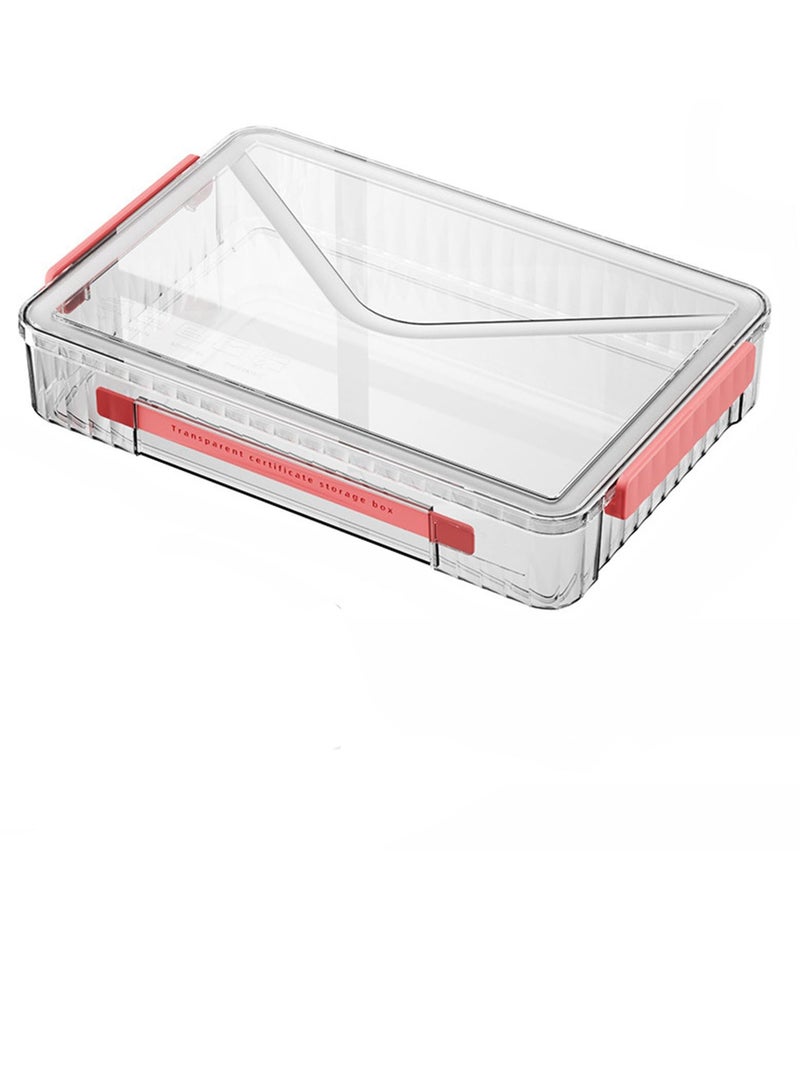 SYOSI Plastic Storage Bin with Lid Portable Project Case with Handle Stackable Certificate File Document Protector Transparent Box Clear Storage Box for A4 Letter Paper Photo Craft Scrapbook Red - Image 1