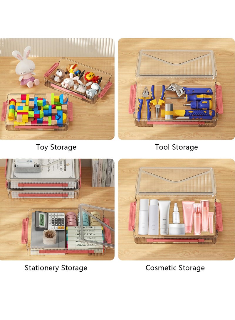 SYOSI Plastic Storage Bin with Lid Portable Project Case with Handle Stackable Certificate File Document Protector Transparent Box Clear Storage Box for A4 Letter Paper Photo Craft Scrapbook Red - Image 2