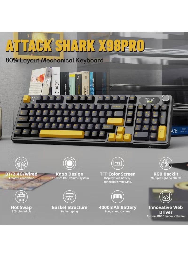 Attack Shark X98 Pro Wireless Mechanical Keyboard,Tri-Mode BT5.0/2.4G/Wired Custom Keyboard with Smart Display&Knob,98 Keys Hot Swappable,Web Driver RGB Gaming Keyboard for PC/Mac/PS4/Xbox - Image 2