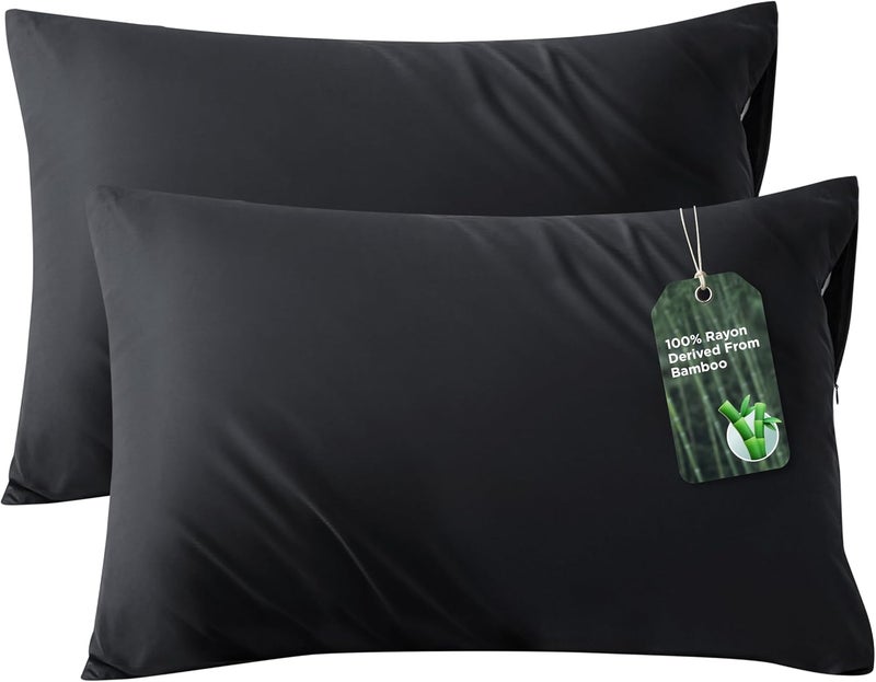 Bedsure Zipper Pillow Cases Queen, Cooling Pillow Cases Queen Size Set of 2, Rayon Derived from Bamboo Cooling Pillowcases for Hot Sleepers, Soft & PureWoven Bed Pillow Covers, Black, 20x30 Inches - Image 1