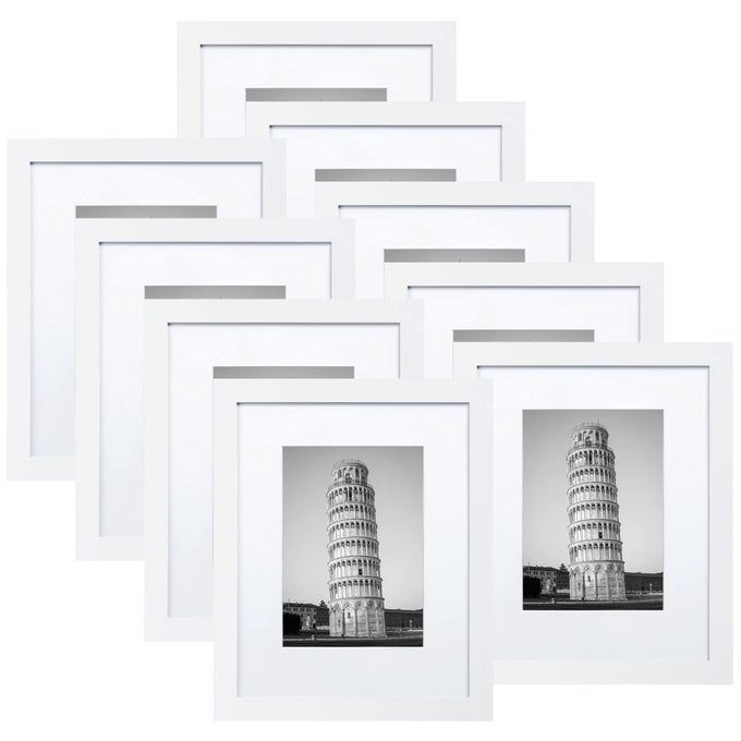PICTURE FRAME SET OF 9 11X14 WITH MAT OR 8X10 WHITE CLASSIC DESIGN ENGINEERED WOOD WALL MOUNT OR TABLETOP
